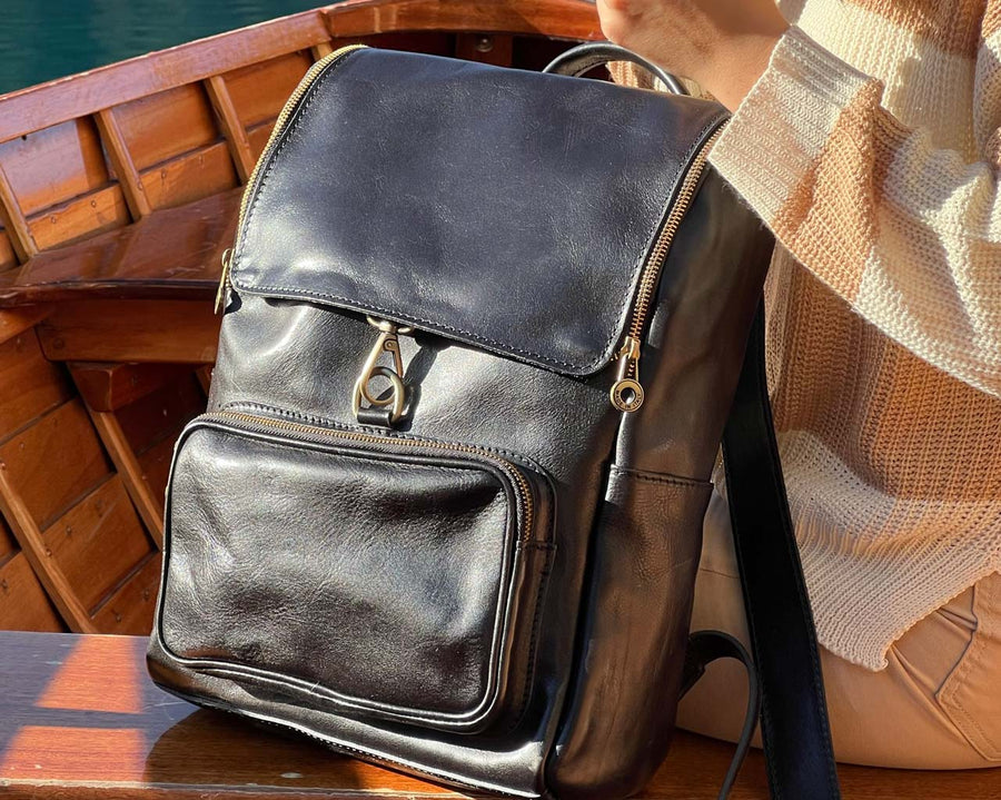 Travel leather backpack black