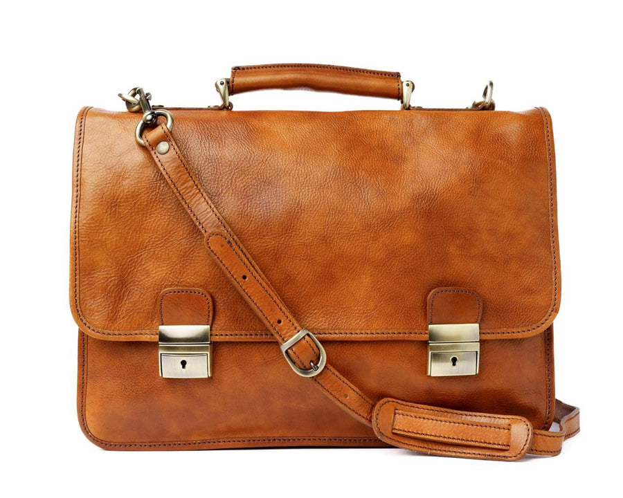 Leather briefcase with shoulder strap
